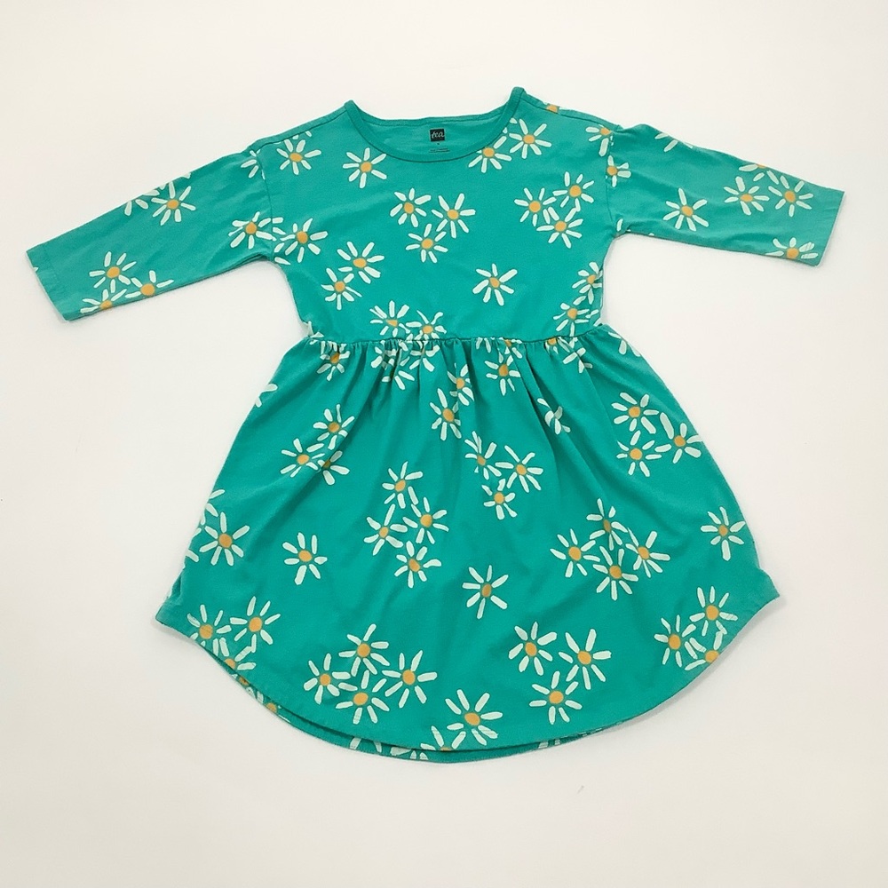 Tea Collection Jersey Dress Girls 5 Green Teal Floral long Sleeves
